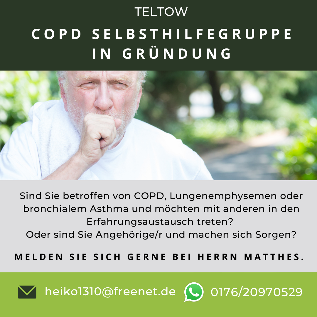 Das Bild zeigt einen Mann der hustet. Darunter steht der Text: Sind Sie betroffen von COPD, Lungenemphysemen und bronchialem Asthma und möchten mit anderen in den Erfahrungsaustausch treten? Auch Angehörige die sich sorgen, sind herzlich willkommen.