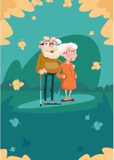 Auf dem Bild sind zwei ältere Menschen im animierten Stil zu sehen. Der Mann stützt sich auf seinen Gehstock und legt die Hand auf die Schulter der Frau.