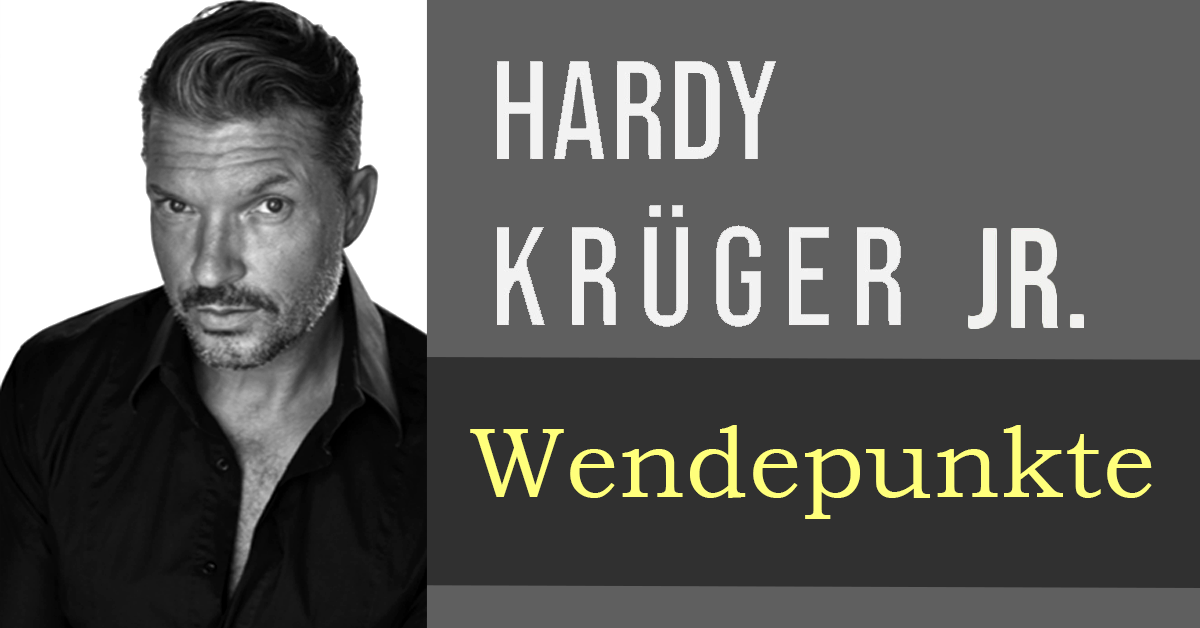 Das Bild zeigt Hardy Krueger Jr. im Portrait und den Titel seines neuen Buches "Wendepunkte"