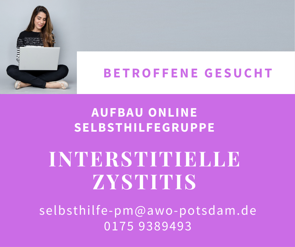 Das Bild zeigt eine Frau am Laptop. Betroffene gesucht für eine online Selbsthilfegruppe Interstitielle Zystitis. Kontakt an selbsthilfe-pm@awo-potsdam.de oder Tel. 01759389493